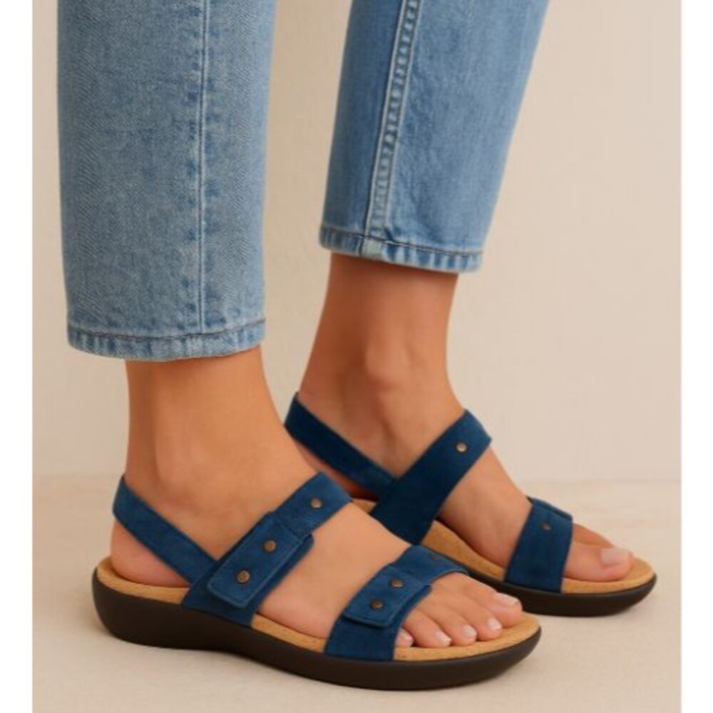 Revitalign Women’s 10 Blue Suede Comfort Sandals Orthotic Cork Footbed Slip-On